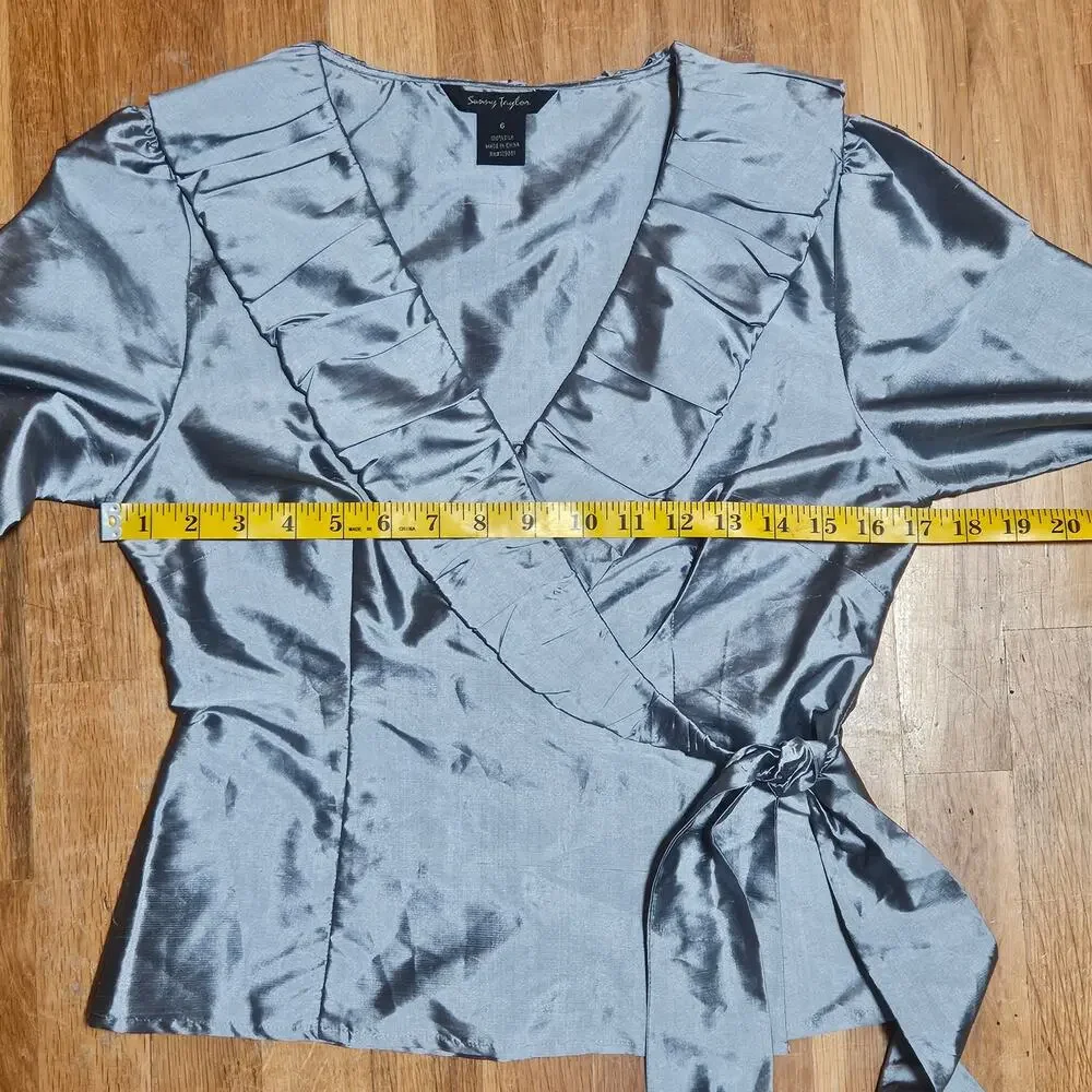 Sunny Taylor Silk Wrap Top Blouse Gray Size‎ 6 Long Sleeve Ruffle Tie